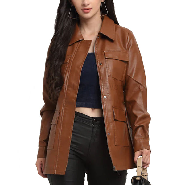 Stylish Brown Multi Pockets Women Leather Jacket -  HOTLEATHERWORLD