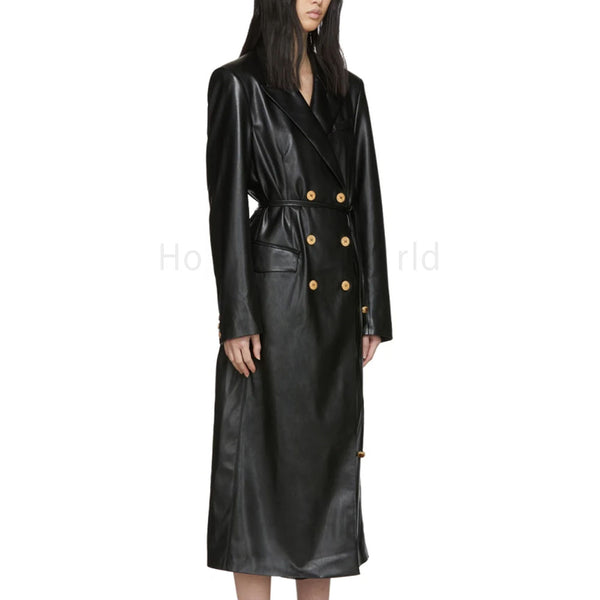 Double Breasted Women Leather Trench Coat -  HOTLEATHERWORLD