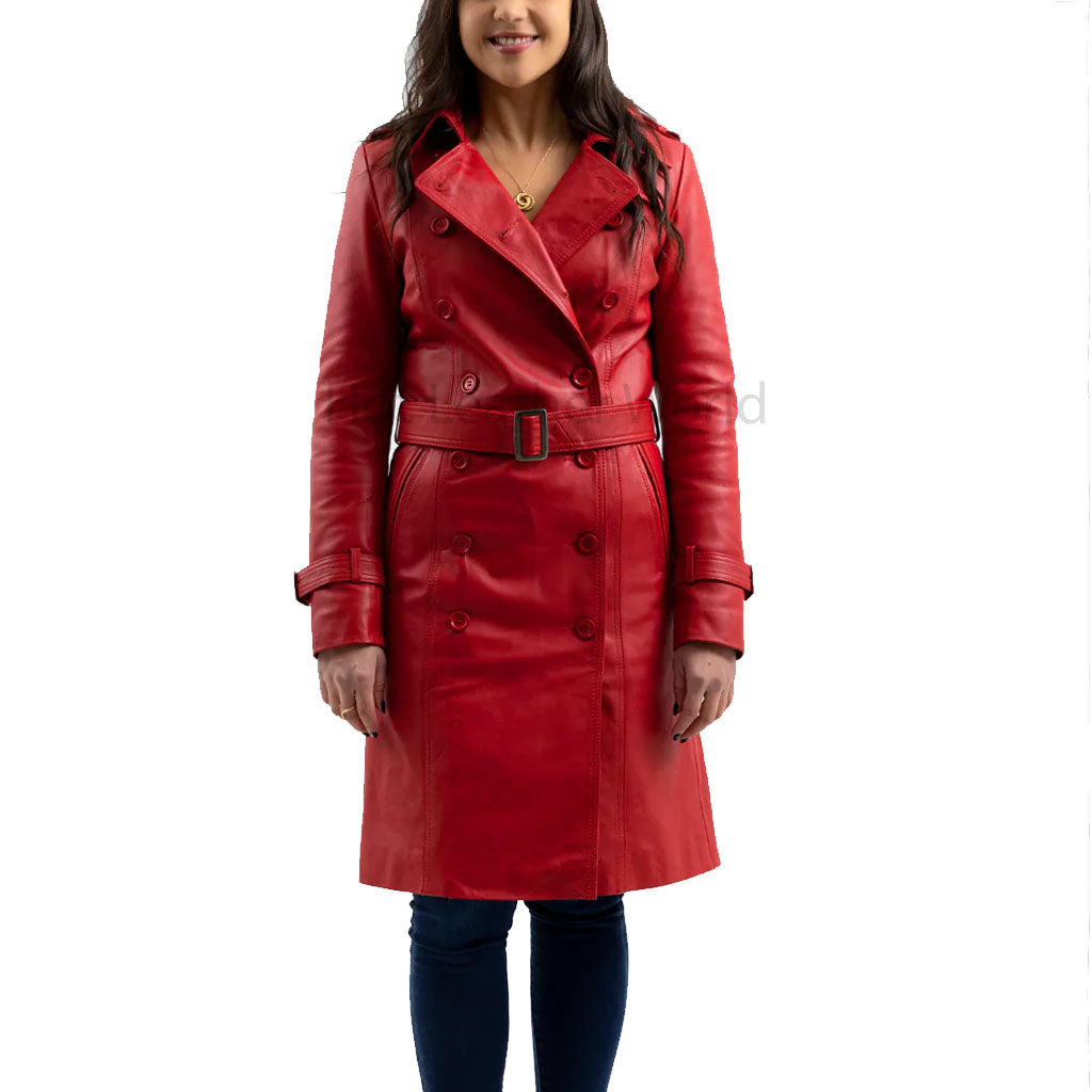 Hot Red Double Breasted Women Leather Trench Coat | HOTLEATHERWORLD