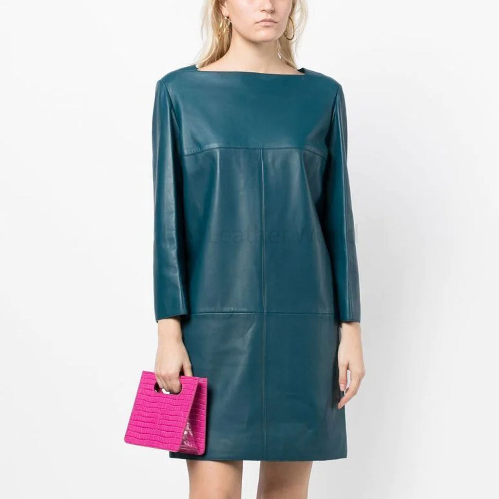 Teal Blue Minimal Women Shirt Leather Dress -  HOTLEATHERWORLD