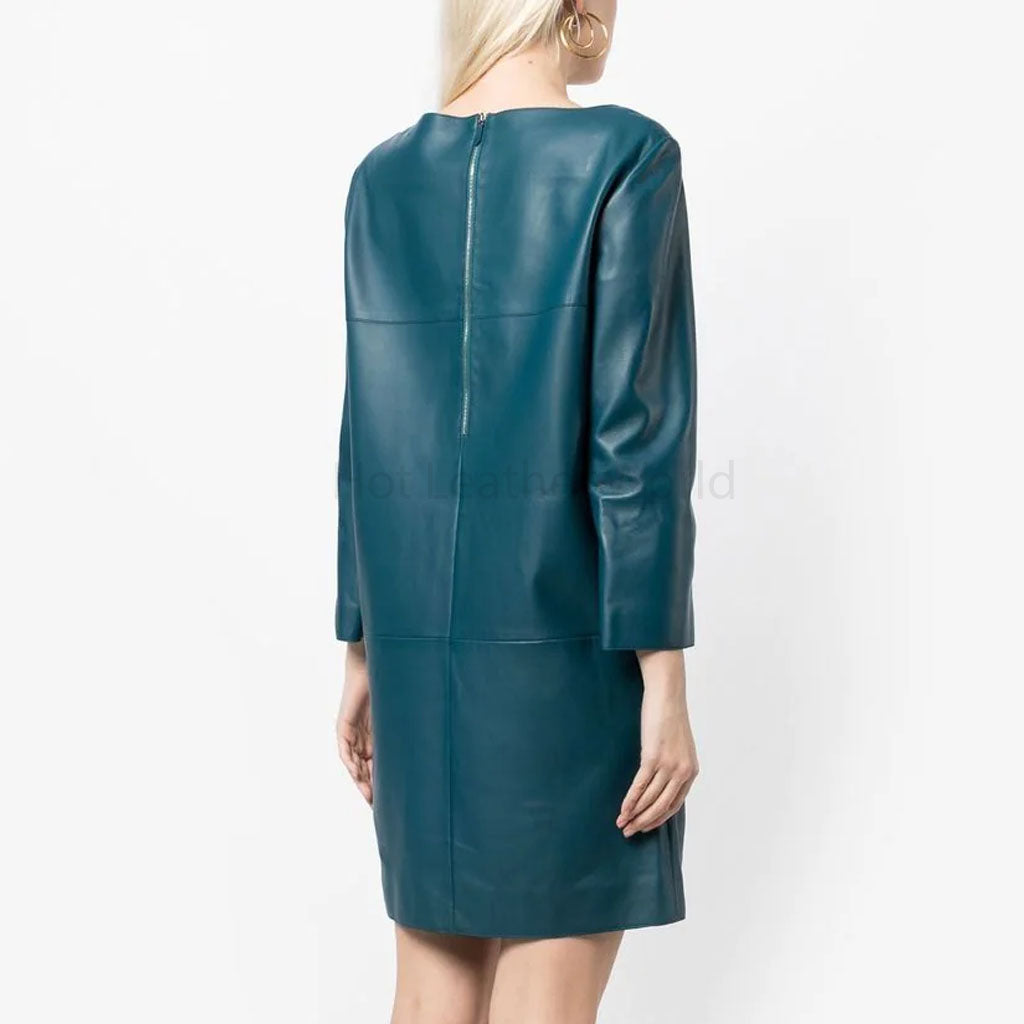 Teal Blue Minimal Women Shirt Leather Dress S / SAME AS PICTURE Teal Blue Minimal Women Shirt Leather Dress S / SAME AS PICTURE