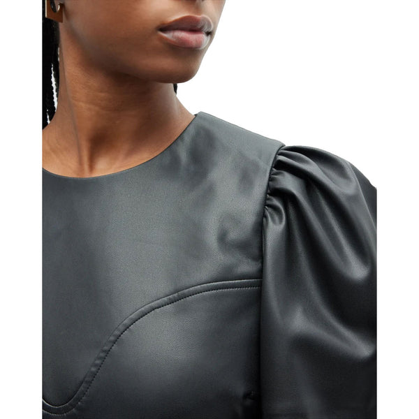 Classy Black Puffed Sleeves Women Mini Leather Dress -  HOTLEATHERWORLD