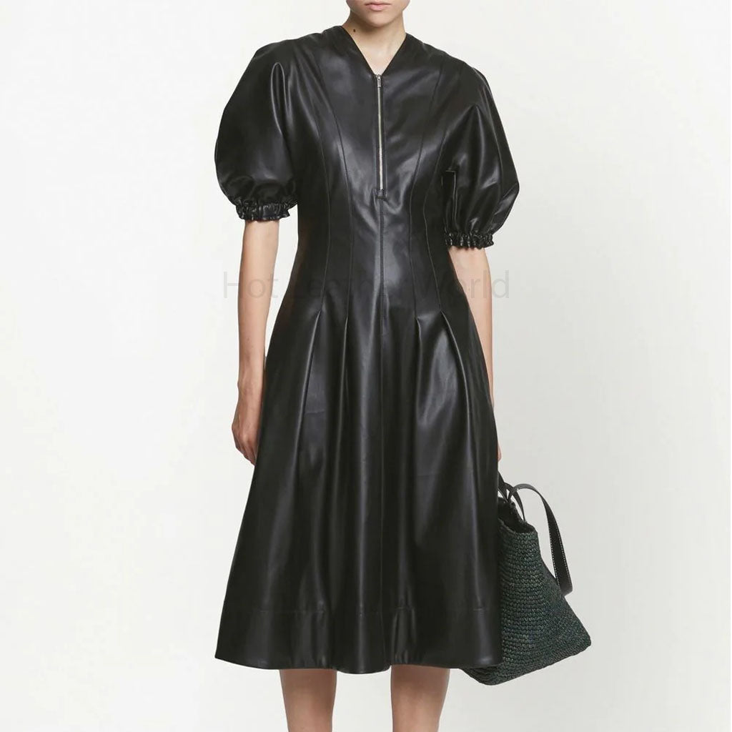 Classic Black Puffed Sleeve Women Pleated Leather Dress CUSTOM / Black