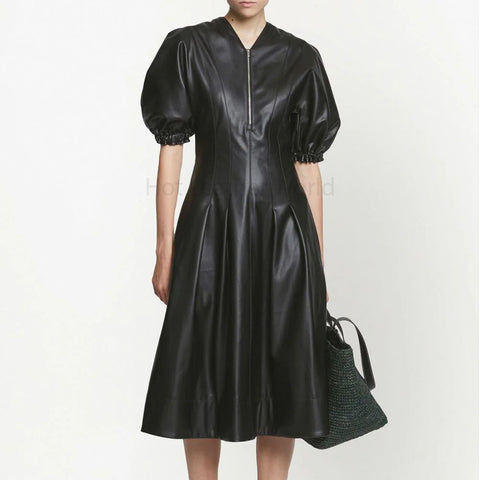 Classic Black Puffed Sleeve Women Pleated Leather Dress -  HOTLEATHERWORLD