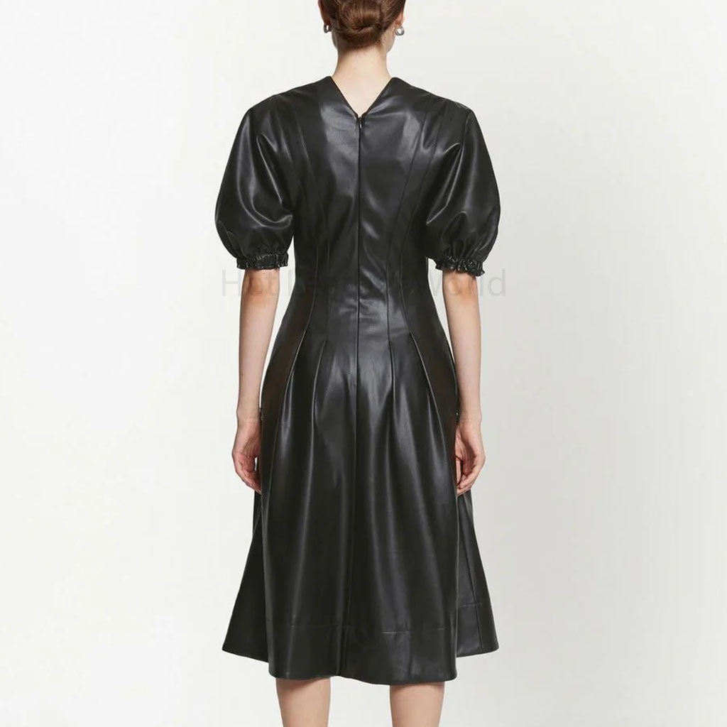 Classic Black Puffed Sleeve Women Pleated Leather Dress Custom / Black