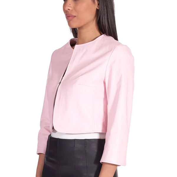 Baby Pink Women Minimal Leather Bolero Jacket -  HOTLEATHERWORLD