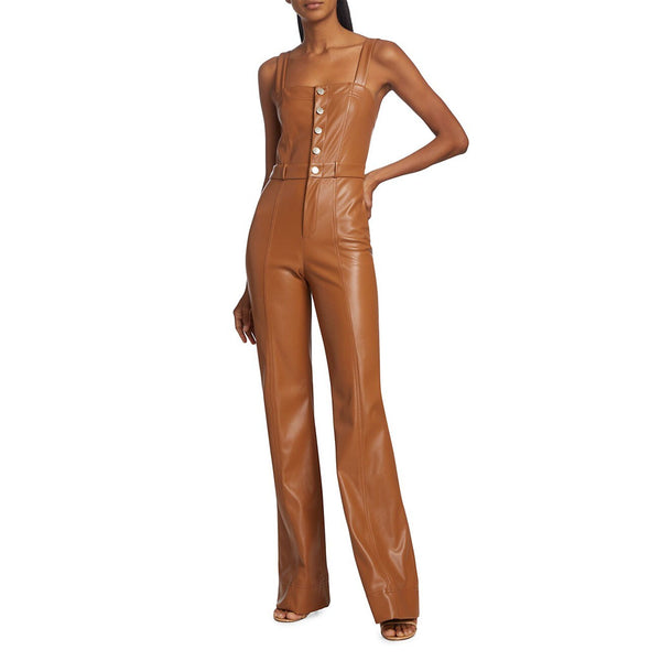 Camel Brown Buttoned Front Women Vegan Leather Jumpsuit -  HOTLEATHERWORLD
