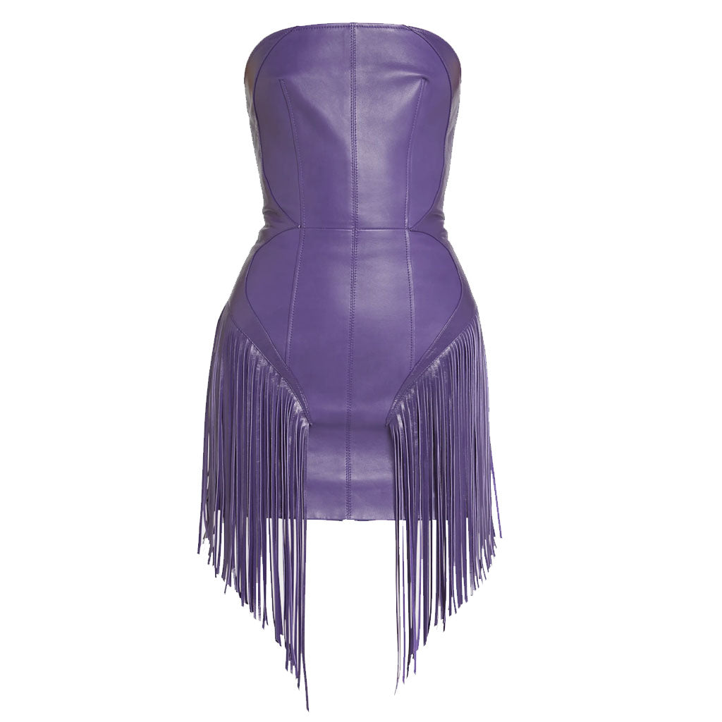 Chic Purple Strapless Fringe Women Mini Leather Dress XL / BROWN
