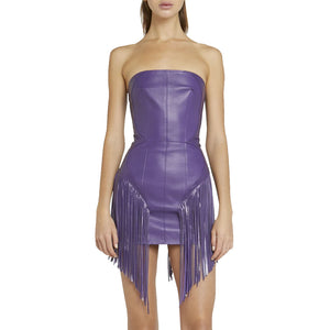 Chic Purple Strapless Fringe Women Mini Leather Dress -  HOTLEATHERWORLD