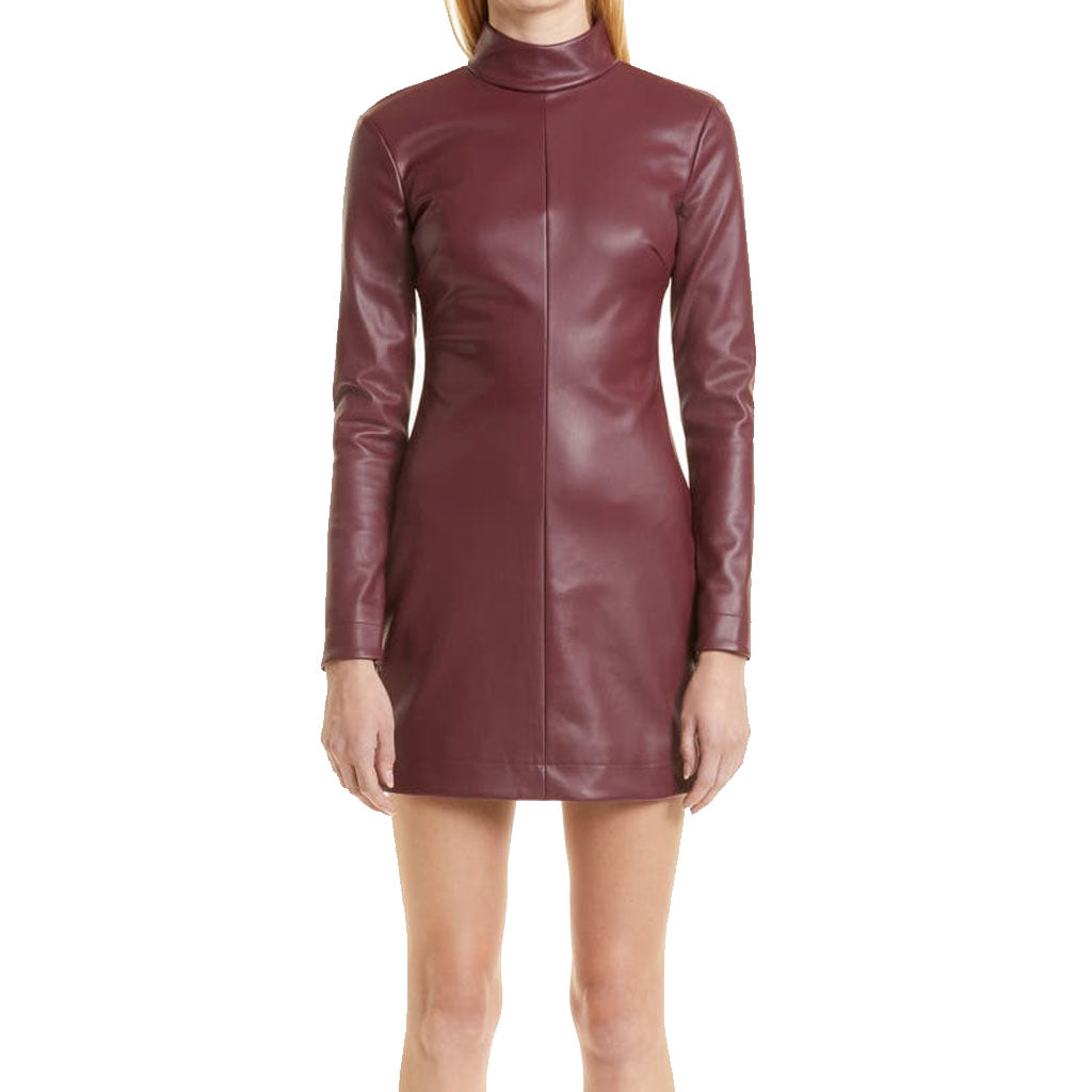 chinese dress ladies Plum Red Women Minimal Mini Leather Dress