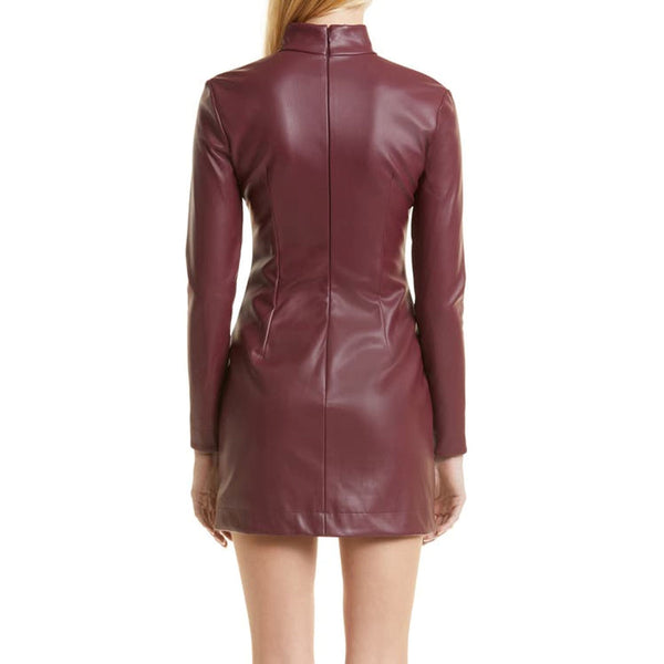 Plum Red Women Minimal Mini Leather Dress -  HOTLEATHERWORLD