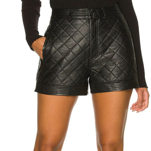 Solid Black Quilt Detailed Women Leather Shorts -  HOTLEATHERWORLD