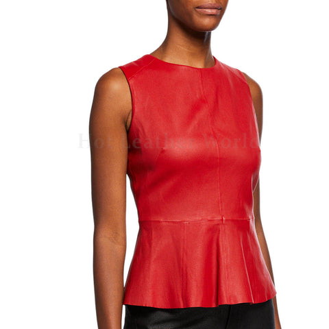 Red Sleeveless Peplum Leather Top For Women -  HOTLEATHERWORLD