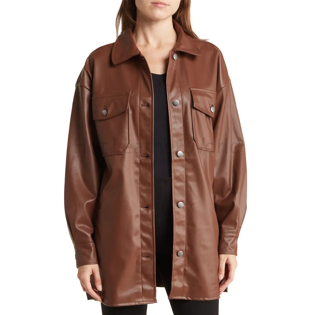 Classy Brown Button Down Oversized Women Leather Shirt -  HOTLEATHERWORLD