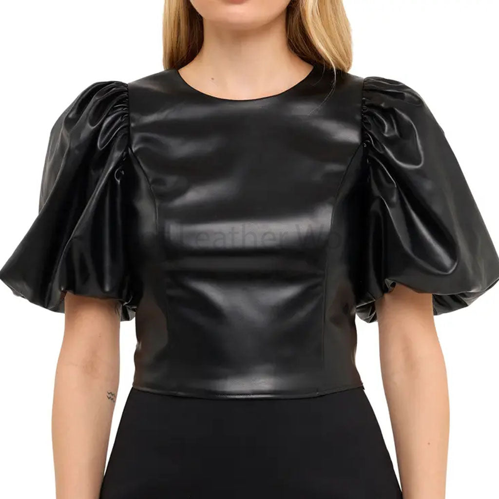 Classy Black Puffed Sleeves Women Leather Top -  HOTLEATHERWORLD