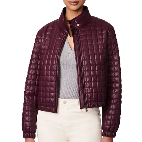 Wine Red Quilted Women Leather Bomber Style Jacket -  HOTLEATHERWORLD