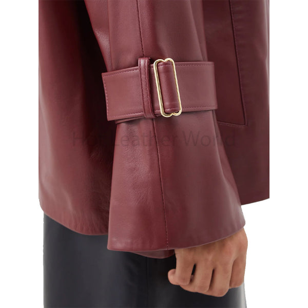 Minimal Red Oversized Women Leather Coat -  HOTLEATHERWORLD