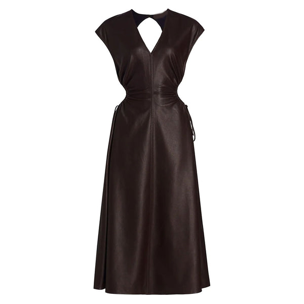 Dark Brown Cutout Detailed Women Leather Dress -  HOTLEATHERWORLD