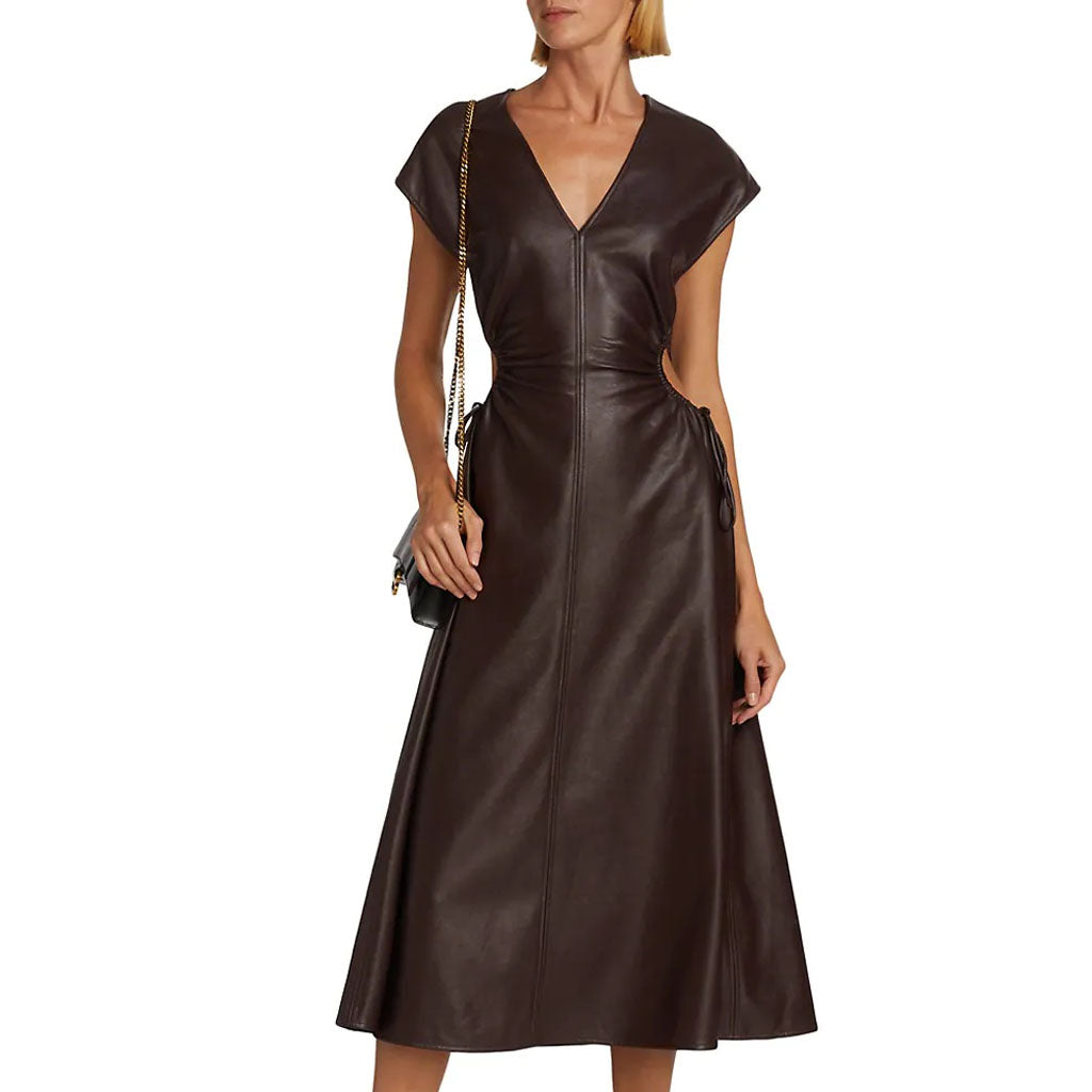 Dark Brown Cutout Detailed Women Leather Dress XS / NAVY BLUE