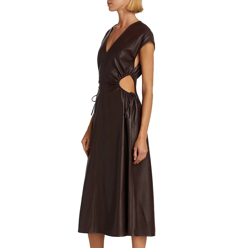 Dark Brown Cutout Detailed Women Leather Dress XS / NAVY BLUE