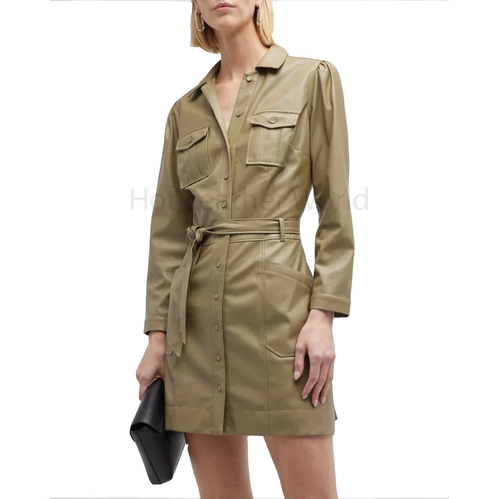 Khaki Multi Pockets Button Down Women Leather Shirt Dress S / BROWN Khaki Multi Pockets Button Down Women Leather Shirt Dress S / BROWN