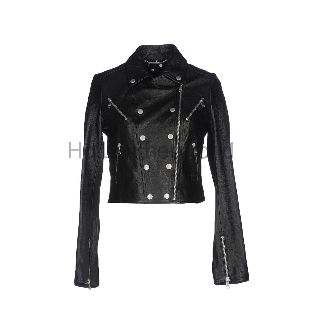 Women Snap Detailed Crop Leather Jacket -  HOTLEATHERWORLD