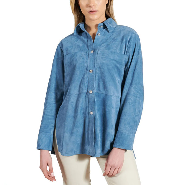 Sky Blue Button Down Oversized Suede Leather Shirt -  HOTLEATHERWORLD