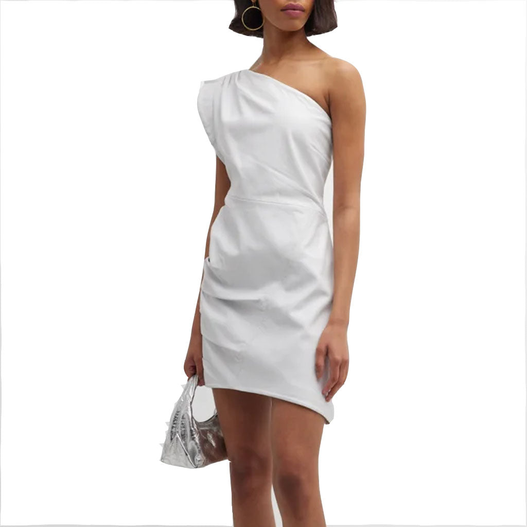 Elegant White One Shoulder Summer Mini Leather Dress Custom / Black