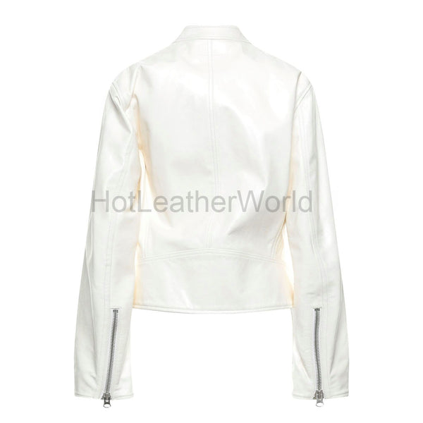 Women White Zipper Detailed Leather Jacket -  HOTLEATHERWORLD